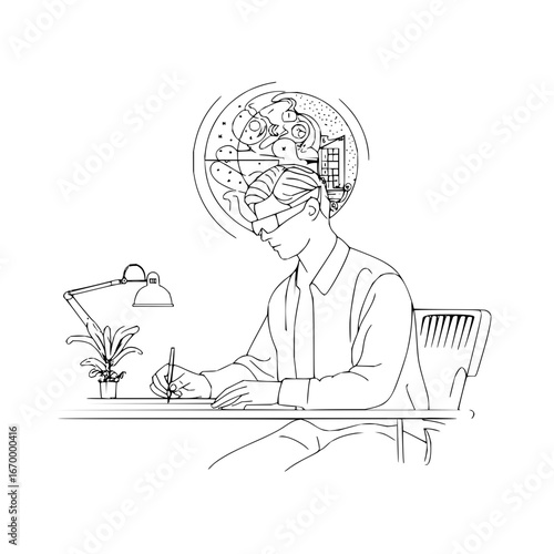 Illustration of a man in vr headset at desk dreaming about travel and architecture concept design