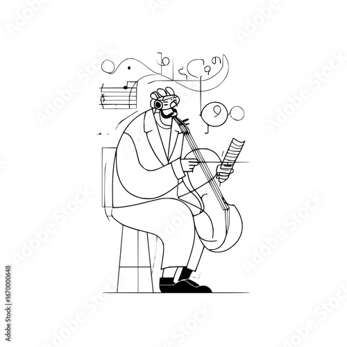 Line art of musician playing stringed instrument with musical notes vector illustration design art 100