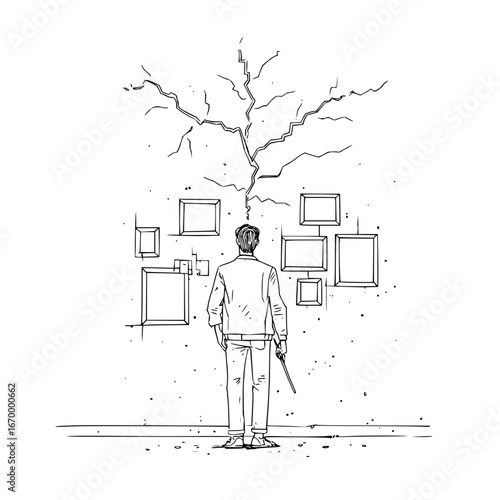 Man contemplating art gallery wall with cracks artistic drawing concept illustration design black and white art