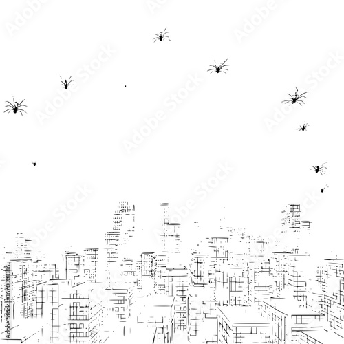 Black and white spider invasion over city buildings illustration with creepy crawlies vector art