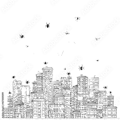 Spider infestation in city skyline vector illustration arachnid invasion urban landscape drawing halloween theme