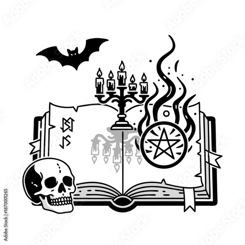 Mystical Illustration Featuring Skull, Spellbook, Pentagram, and Bat