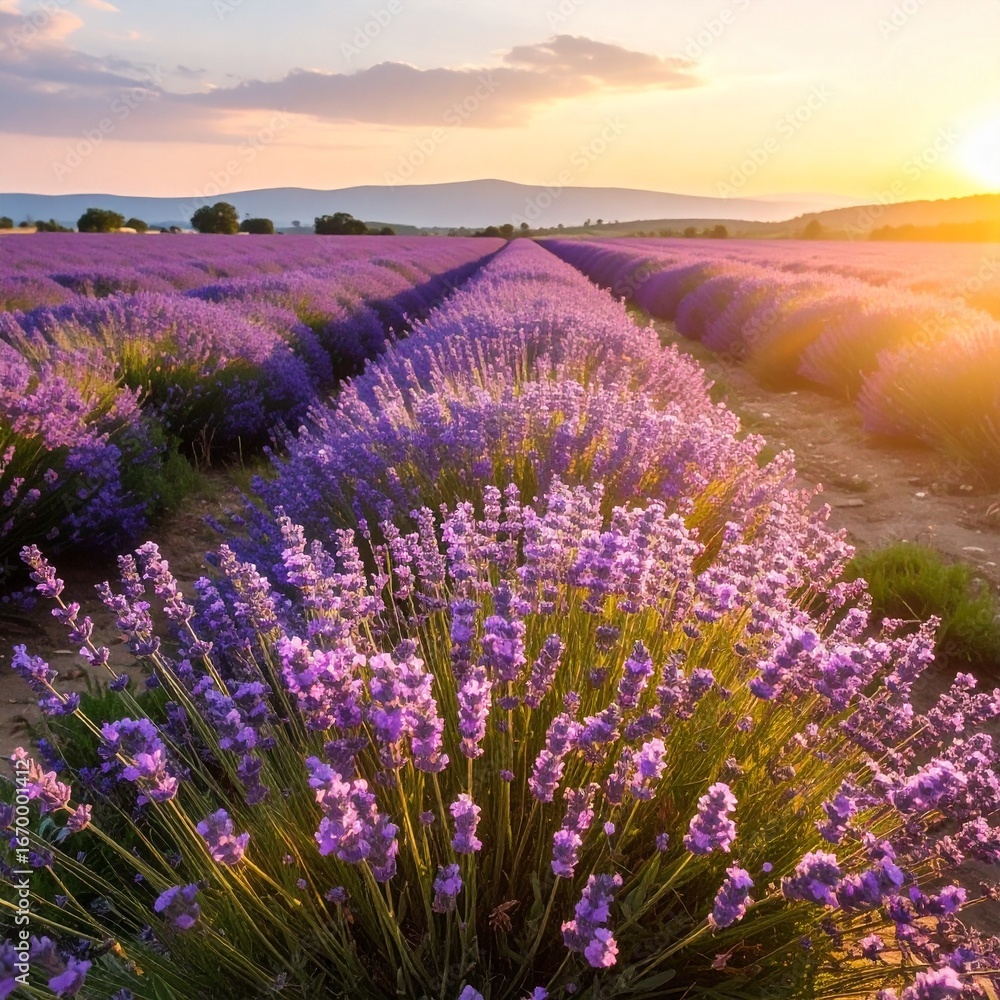 Fototapeta premium lavender flowers under warm evening sunlight 