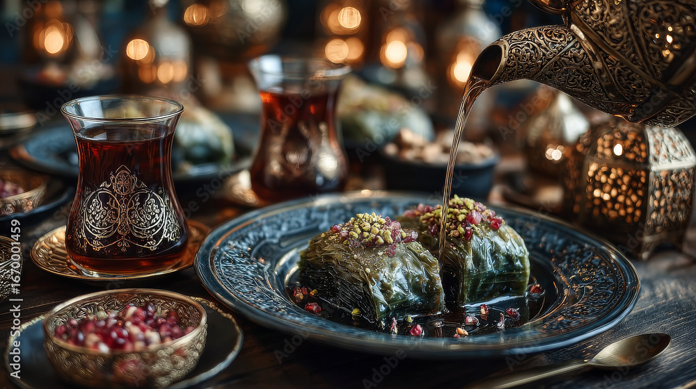 Fototapeta premium Traditional turkish, arabic dessert baklava assortment with pistachio. Ramadan sweets. with a mockup food box. Middle Eastern desserts with tea and honey for ramadan iftar.