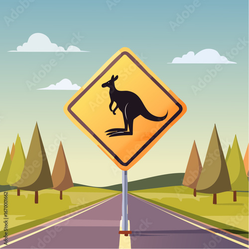 Yellow kangaroo warning road sign