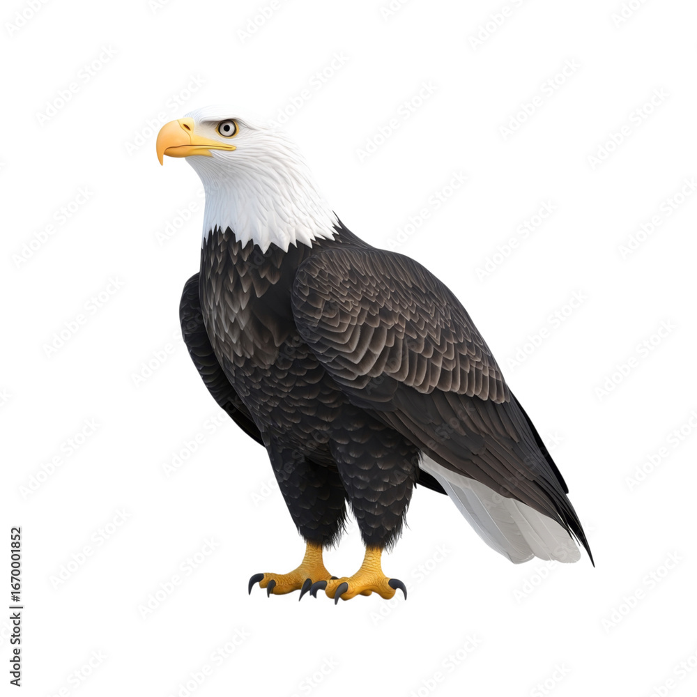 Fototapeta premium Bald eagle bird raptor white head yellow beak black feather standing majestic