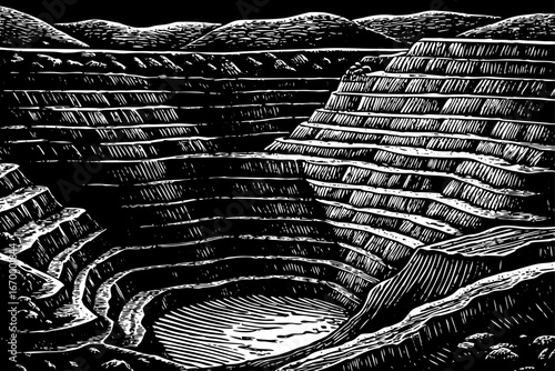 Open pit diamond mine with layered earth and sparkling raw diamonds illustrated in black and white sketch.