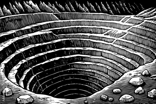 Open pit diamond mine with layered earth and sparkling raw diamonds illustrated in black and white sketch.