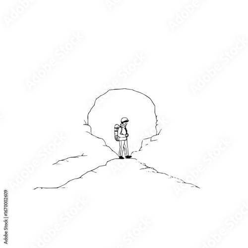 Adventure seeker illustration: mountain climber with backpack near cave entrance vector art drawing design