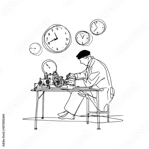 Vintage clockmaker repairing timepieces watchmaker at work line art clocks on wall illustration vector drawing