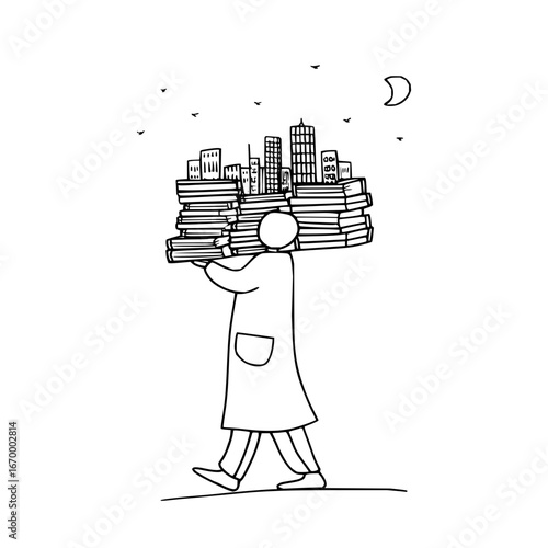 Illustration of person carrying books with city on top for education and knowledge concept 100