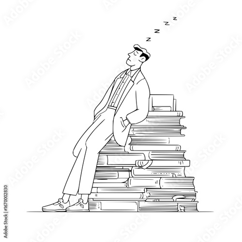 Sleeping student illustration tired man leaning books stack education nap dreaming study burnout drawing sketch art