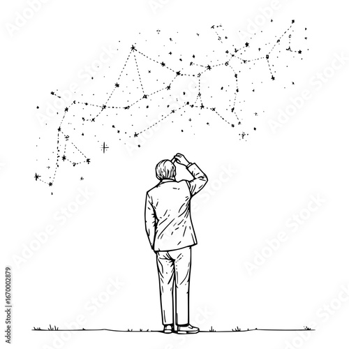 Man looking up at constellation art print astronomy illustration star gazing sketch black and white drawing art