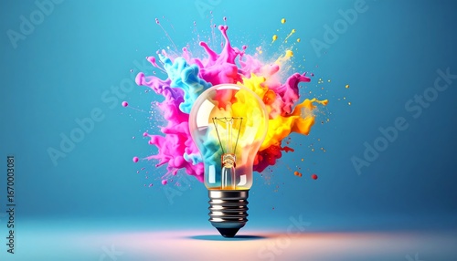 Lightbulb bursts with vibrant paint explosion against a soft blue backdrop, symbolizing creativity