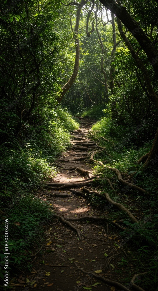 Obraz premium Sunlit path through lush, verdant forest