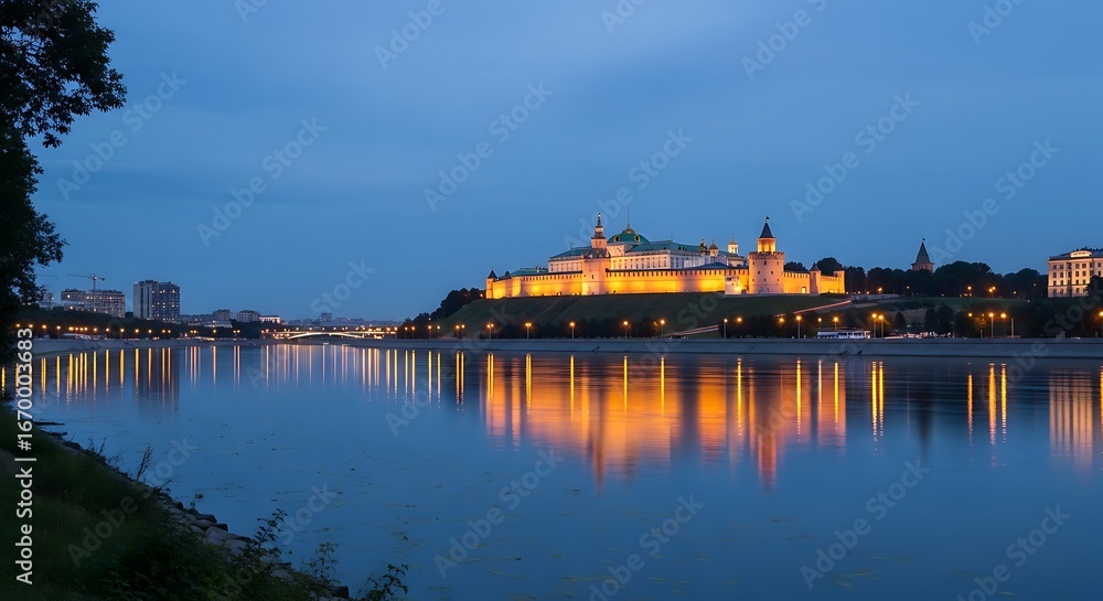 Fototapeta premium A serene cityscape at dusk, with a grand fortress reflected in the still waters of a river.