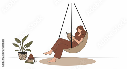 Woman reading a book while relaxing in a hanging chair indoors  