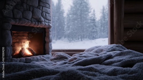 Fototapeta Naklejka Na Ścianę i Meble -  Cozy winter cabin interior with fireplace and snowy forest view