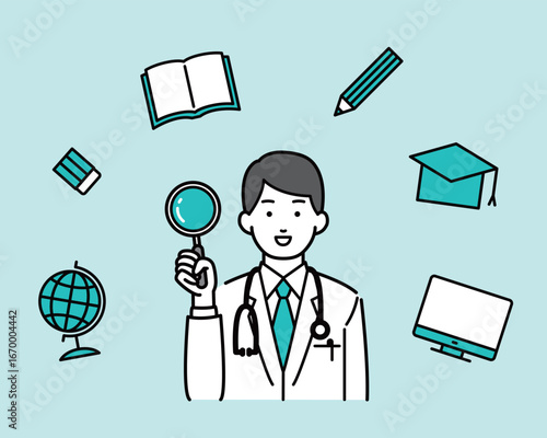 虫眼鏡を持った男性医師イラスト