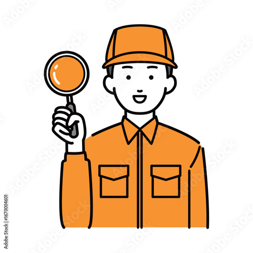 虫眼鏡を持った作業着を着た男性イラスト