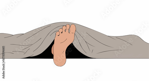 Human foot sticking out from under blanket in minimalist design  