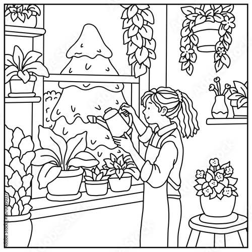 Cozy girl watering plants coloring book for adults and teens