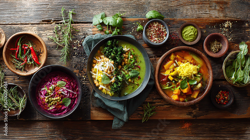 Colorful bowls of fresh and flavorful plant-based dishes presented on a rustic wooden table