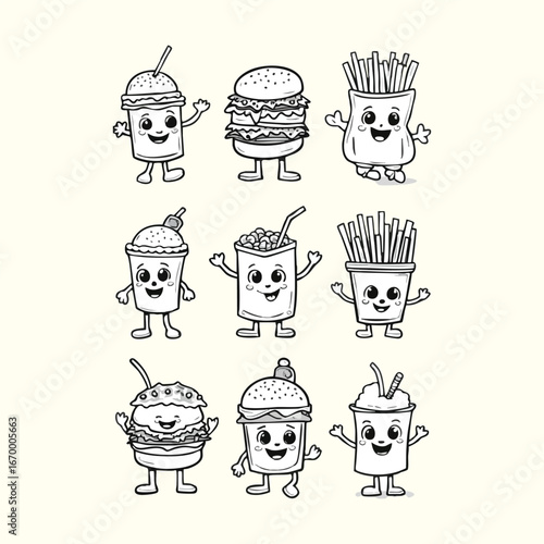 Fast food icons set with drinks and snacks illustration