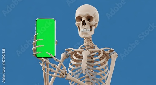 Skeleton holding a phone with a green screen