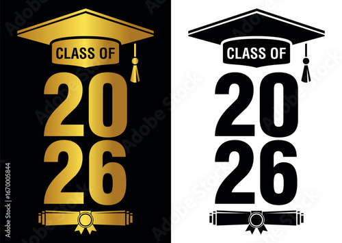 Lettering Class of 2026 for greeting, invitation card. Text for graduation design, congratulation event, T-shirt, party, high school or college graduate. Illustration, vector on transparent and black 