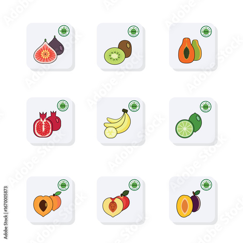 set of 9 fruit color icons for web fig kiwi papaya pomegranate banana lime apricot peach plum kkal