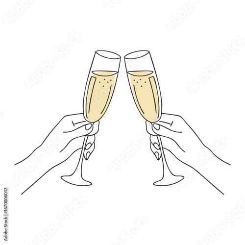 Illustration of two hands holding glasses of champagne. Cheers with champagne glasses, toasting, celebration