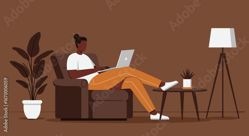 Relaxed person working remotely on a laptop in a comfortable home setting, embodying modern work-life balance and productivity. Ideal for business, technology, and lifestyle themes.