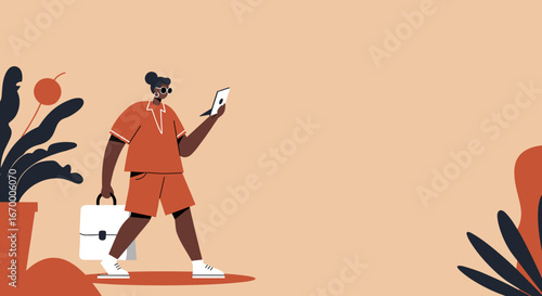 Modern professional checking a tablet while walking, holding a brief bag. Illustrates mobile communication, technology, and flexible work lifestyle.