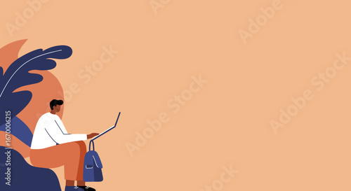 A focused person works on a laptop in a modern, relaxed setting with abstract nature elements. Represents remote work, online learning, or a flexible digital lifestyle and productivity.