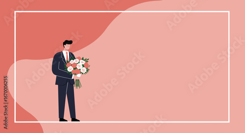 A sophisticated man in a suit holds a beautiful bouquet of red and white roses, perfect for celebrations, romantic gestures, or corporate appreciation.
