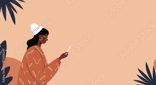 Casual woman in beanie and glasses smiles while using a mobile device. Modern communication, digital connection, and relaxed lifestyle concept.