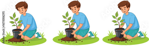 Boy planting tree, child gardening outdoors, eco-friendly lifestyle, nature conservation, green earth care, environmental awareness, sustainability, soil nurturing, climate action, young gardener