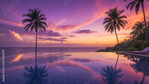 Golden Hour Over a Tranquil Tropical Infinity Pool with Palm Tree Reflections