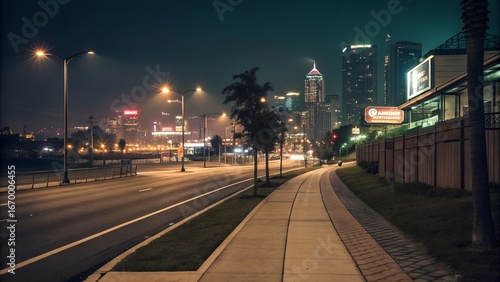 empty road sidewalk with the the city at night