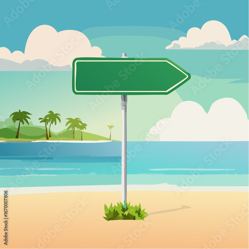 Green road arrow sign Summer on the beach