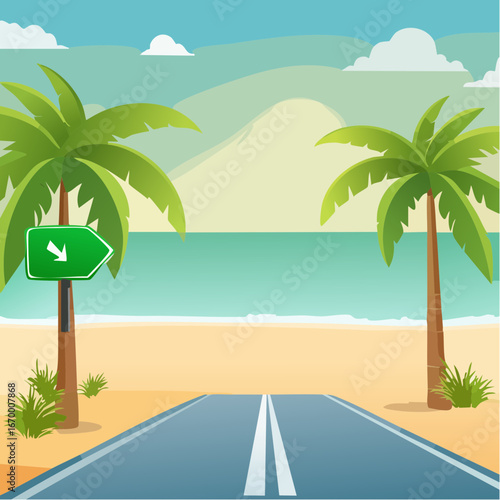 Green road arrow sign Summer on the beach