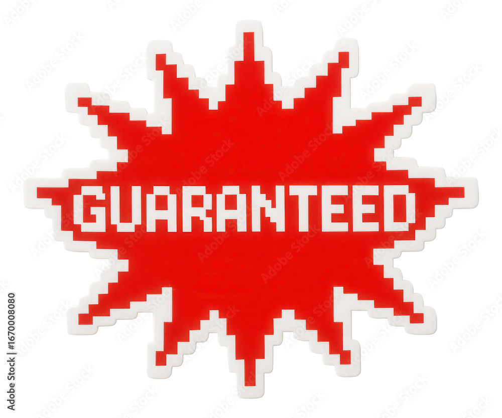 Fototapeta premium Red burst sticker with GUARANTEED message in pixelated style, bold retail promotion offer on transparent background.