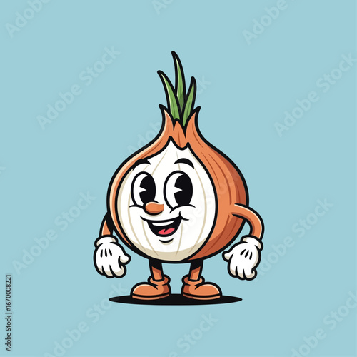 A happy cartoon onion character with retro style.