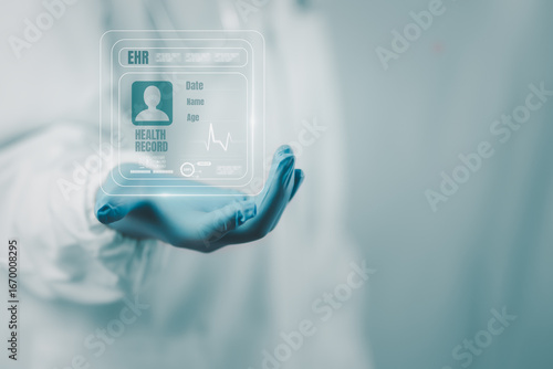Futuristic healthcare concept showing gloved doctor’s hand holding floating digital EHR card with patient information, symbolizing secure and paperless medical data access in smart hospitals.