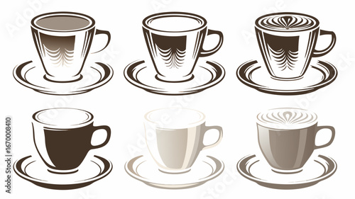 Illustration of six coffee cups with varying designs and shades on saucers against white background | editable eps vectors silhouette