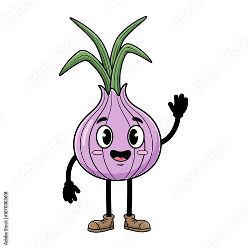 A friendly cartoon red onion character with a smiling face and green sprouts, waving hello.