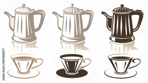 Three coffee pots and cups in varying shades of brown and gray with reflections on a white background | editable eps vectors silhouette