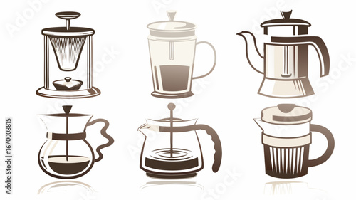 Illustration of six distinct coffee brewing methods including french press and moka pot designs | editable eps vectors silhouette