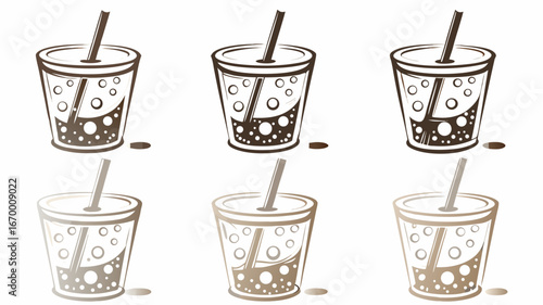 Illustration showing six cups of bubble tea with straws and varying color schemes in a grid pattern | editable eps vectors silhouette